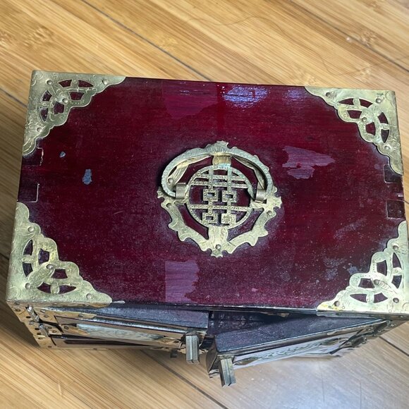 Vintage Chinese-Inspired Wooden Jewelry Box W/ Brass & Mother-Of-Pearl Inlay - Picture 4 of 11